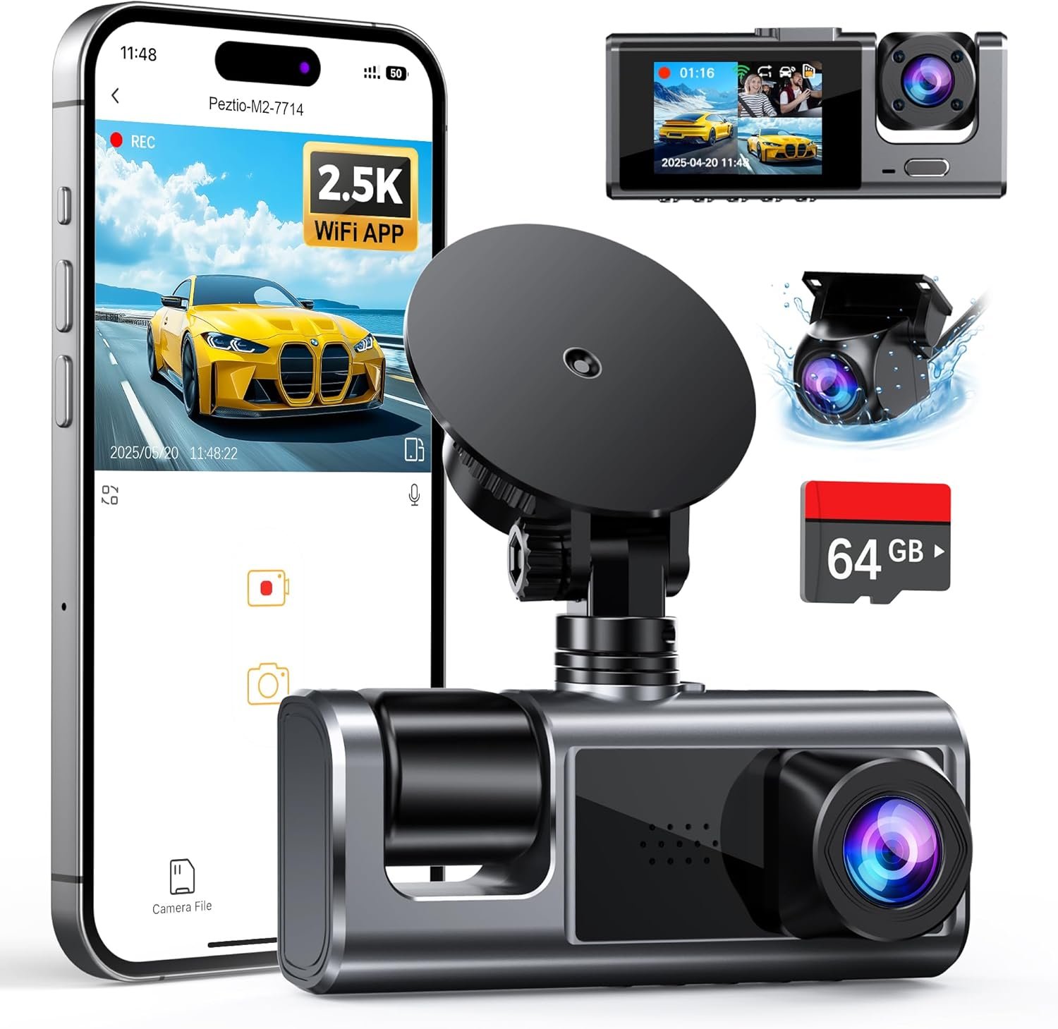 Galphi 3 Channel WiFi Dash Cam Front and Rear Inside with 64GB SD Card, 2.5K+1080P+1080P Car Dash Camera for Cars Front and Rear, Dashcam with G-Sensor, Loop Recording, 24H Parking Mode, Support 512GB