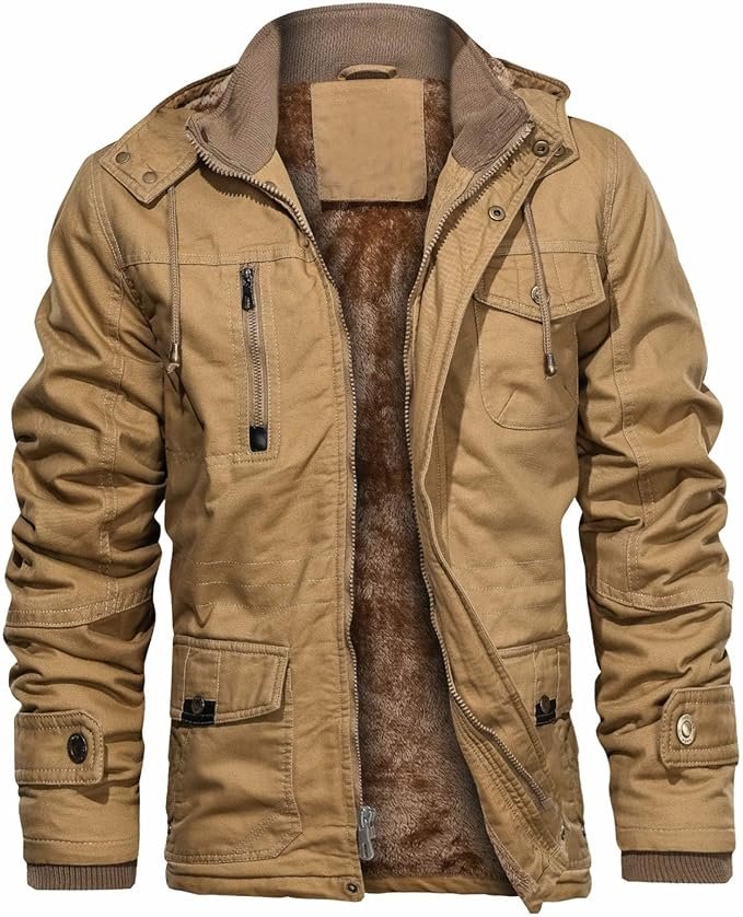 CHEXPEL Men's Thick Winter Jackets with Hood Fleece Lining Cotton Military Jackets Work Coats with Cargo Pockets Outwear