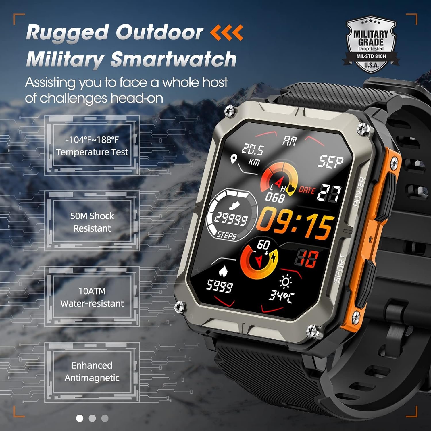 Rgthuhu Military Smart Watch for Men (Answer/Make Call), 100M Waterproof Rugged Smart Watch for Android Phones and iPhone Orange