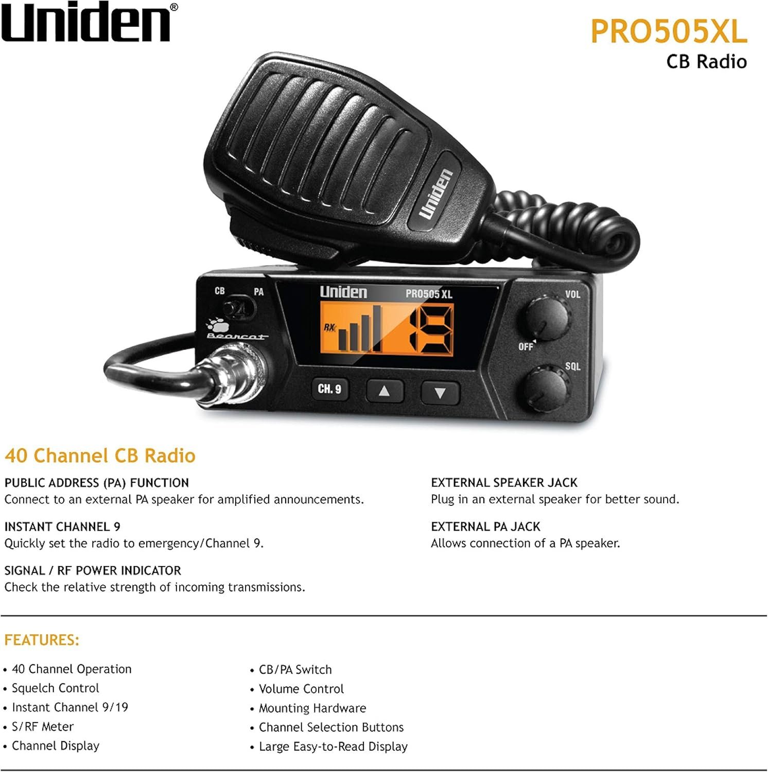 Uniden PRO505XL 40-Channel CB Radio. Pro-Series, Compact Design