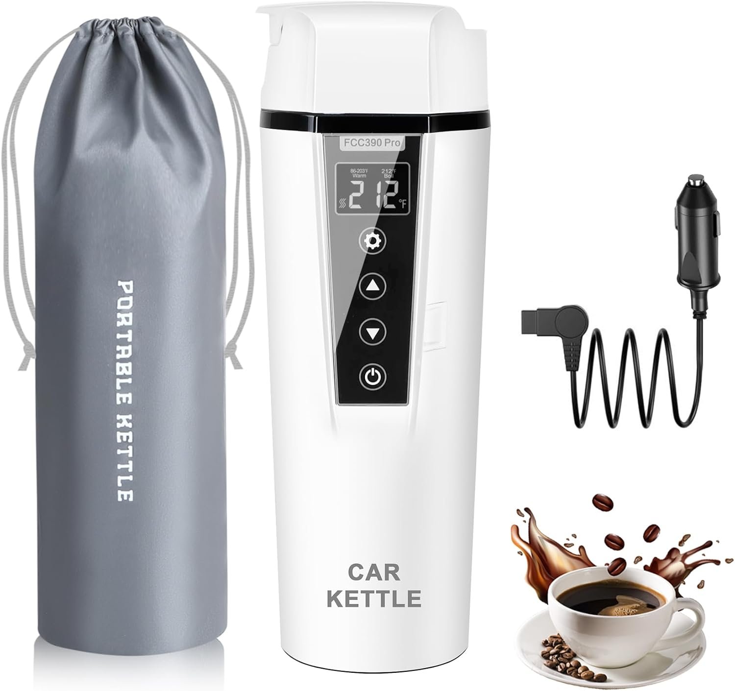 Car Electric Kettle: 12V/24V Portable Water Boiler Heated Travel Mug,Multiple Temperature Adjustable Coffee Tea Truck Cup