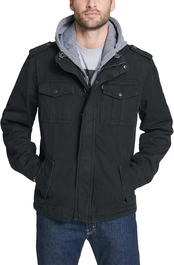 Levi’s Men’s Washed Cotton Hooded Military Jacket – Sherpa Lined