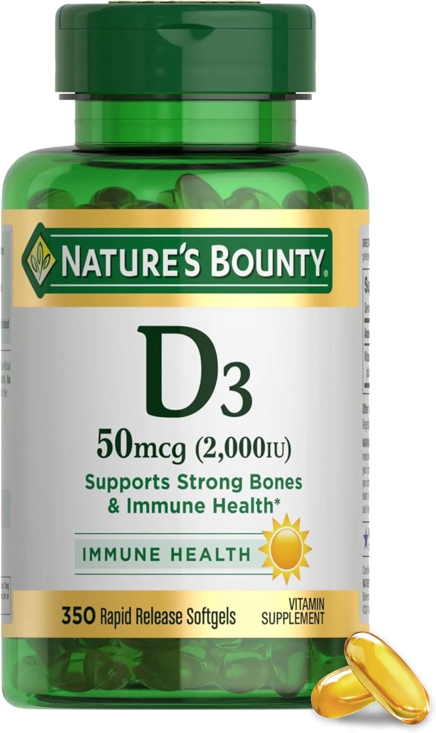 Image Description: Nature’s Bounty Vitamin D3 2000 IU bottle photographed beside a steering wheel and travel mug — symbolizing daily wellness for people on the go.