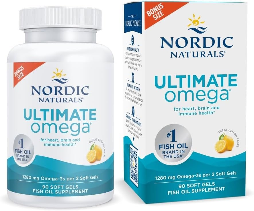 Bottle of Nordic Naturals Ultimate Omega lemon-flavored soft gels on a desk with a travel mug and keys — highlighting heart and brain support for active lifestyles.