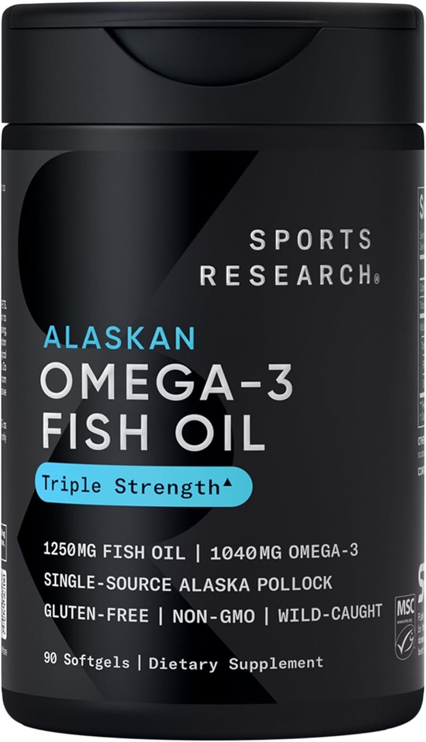 Sports Research Triple Strength Omega-3 Fish Oil bottle on a wooden table with a glass of water and truck keys — emphasizing daily heart and joint support for active lifestyles. CTA Phrase:
