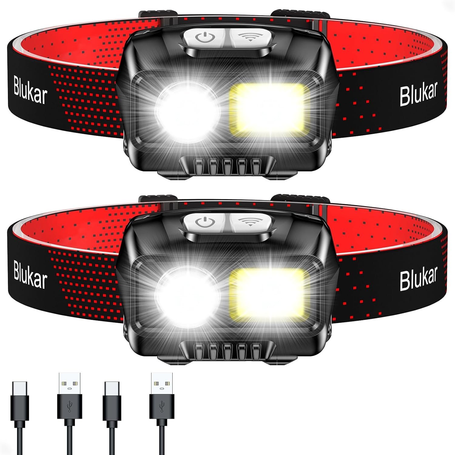 Blukar LED Headlamp Rechargeable – 2000LM Super Bright Headlight with 8 Modes, Motion Sensor, USB-C, IPX5 Waterproof – Spotlight & Floodlight – 2 Pack